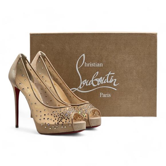 Christian Louboutin Shoes - Christian Louboutin Very Strass Peep Pumps 120mm - Net - Nude